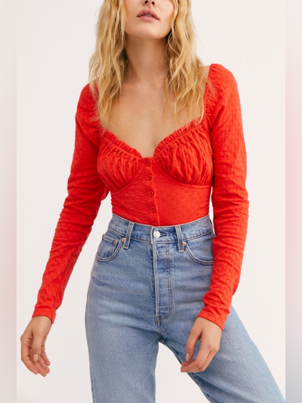 Free People Ladybug Long Sleeve Top Red Cropped Button Front Size Small